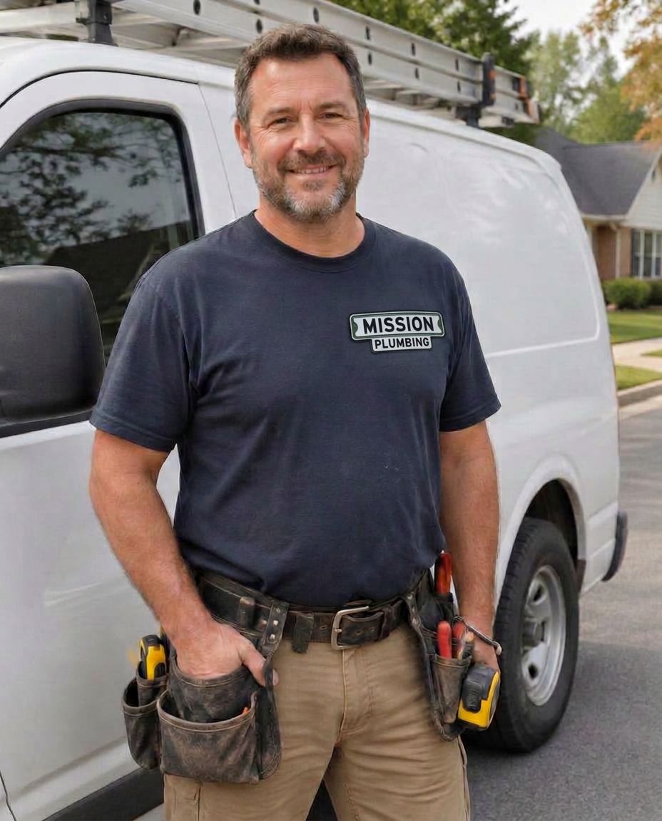 Mission Plumbing owner beside the work van
